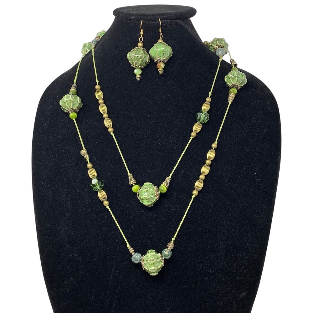 Handmade Artisan Beaded Long Necklace + Earring Set Green Gold Tone Metal